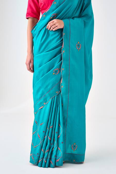 Janki India Blue Silk, Cotton Embroidery Saree at Aza Fashions Janki India_Blue Silk, Cotton Embroidery Saree _at_Aza_Fashions