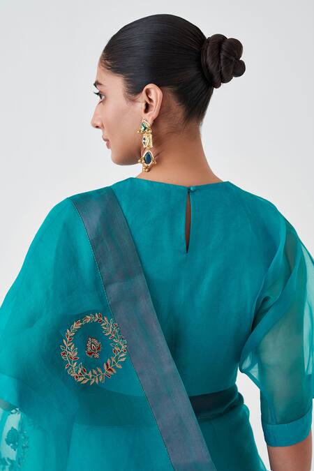 Janki India Teal Organza, Cotton Embroidery Blue Saree Online at Aza Fashions Janki India_Teal Organza, Cotton Embroidery Blue Saree _Online_at_Aza_Fashions
