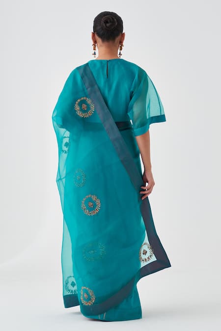 Shop Janki India Teal Organza, Cotton Embroidery Blue Saree at Aza Fashions Shop_Janki India_Teal Organza, Cotton Embroidery Blue Saree _at_Aza_Fashions