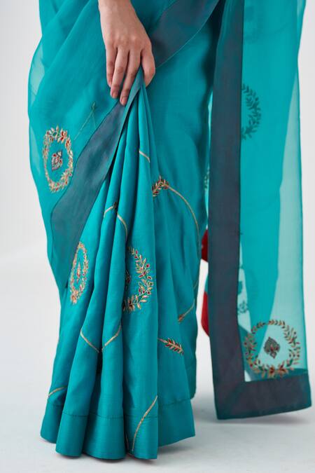Buy Janki India Teal Organza, Cotton Embroidery Blue Saree Online at Aza Fashions Buy_Janki India_Teal Organza, Cotton Embroidery Blue Saree _Online_at_Aza_Fashions