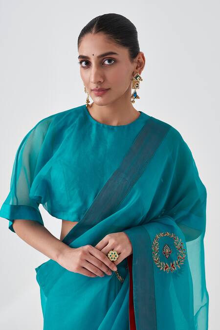 Shop Janki India Teal Organza, Cotton Embroidery Blue Saree Online at Aza Fashions Shop_Janki India_Teal Organza, Cotton Embroidery Blue Saree _Online_at_Aza_Fashions