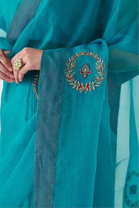Janki India Teal Organza, Cotton Embroidery Blue Saree at Aza Fashions Janki India_Teal Organza, Cotton Embroidery Blue Saree _at_Aza_Fashions