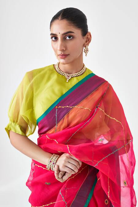 Janki India Pink Organza, Cotton Embroidery Designer Saree Online at Aza Fashions Janki India_Pink Organza, Cotton Embroidery Designer Saree _Online_at_Aza_Fashions