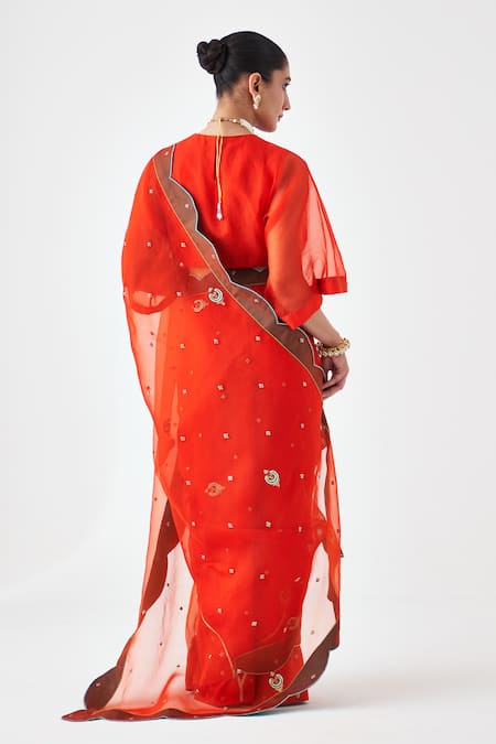 Janki India Embroidered Orange Organza Saree  