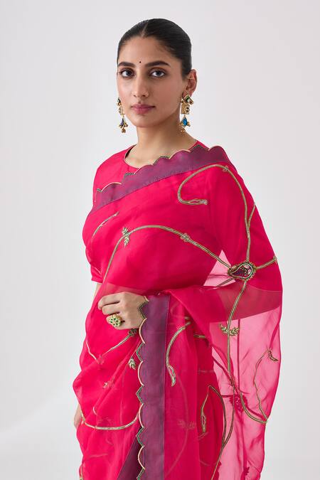 Shop Janki India Pink Organza, Cotton Embroidery, Zari Saree Online at Aza Fashions Shop_Janki India_Pink Organza, Cotton Embroidery, Zari Saree _Online_at_Aza_Fashions