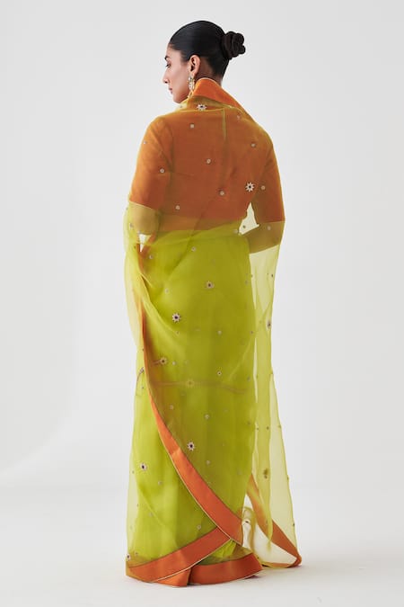 Shop Janki India Green Organza, Silk Embroidery, Sequins Lime Classic Saree at Aza Fashions Shop_Janki India_Green Organza, Silk Embroidery, Sequins Lime Classic Saree _at_Aza_Fashions