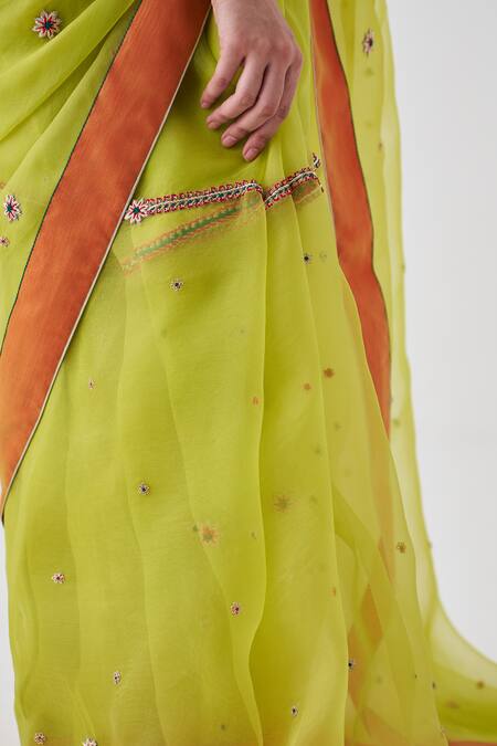 Shop Janki India Green Organza, Silk Embroidery, Sequins Lime Classic Saree Online at Aza Fashions Shop_Janki India_Green Organza, Silk Embroidery, Sequins Lime Classic Saree _Online_at_Aza_Fashions
