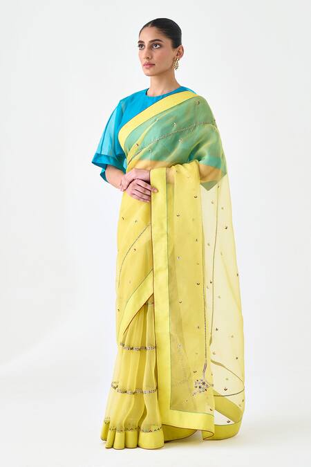 Janki India Yellow Organza, Silk Embroidery Classic Saree Online at Aza Fashions Janki India_Yellow Organza, Silk Embroidery Classic Saree _Online_at_Aza_Fashions