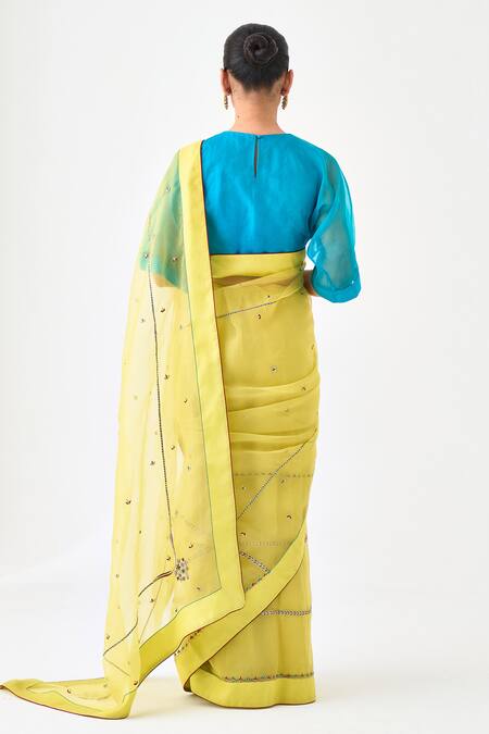 Shop Janki India Yellow Organza, Silk Embroidery Classic Saree at Aza Fashions Shop_Janki India_Yellow Organza, Silk Embroidery Classic Saree _at_Aza_Fashions