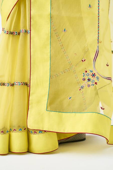 Shop Janki India Yellow Organza, Silk Embroidery Classic Saree Online at Aza Fashions Shop_Janki India_Yellow Organza, Silk Embroidery Classic Saree _Online_at_Aza_Fashions