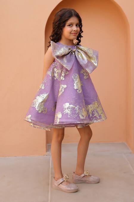 Janyas Closet_Purple Organza, Silk Foil Printing Printed A-line Dress With Bow _Online_at_Aza_Fashions