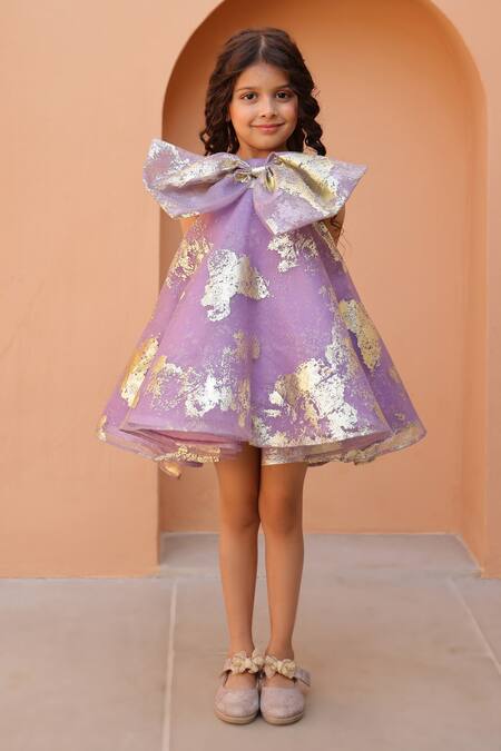 Buy_Janyas Closet_Purple Organza, Silk Foil Printing Printed A-line Dress With Bow _Online_at_Aza_Fashions