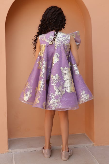 Janyas Closet Purple Foil Printed A-Line Dress With Bow 