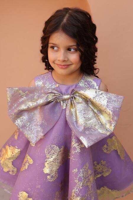 Shop_Janyas Closet_Purple Organza, Silk Foil Printing Printed A-line Dress With Bow _Online_at_Aza_Fashions