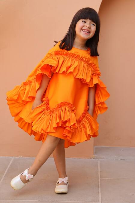 Janyas Closet_Orange Taffeta, Silk Ruffles Dress_Online_at_Aza_Fashions