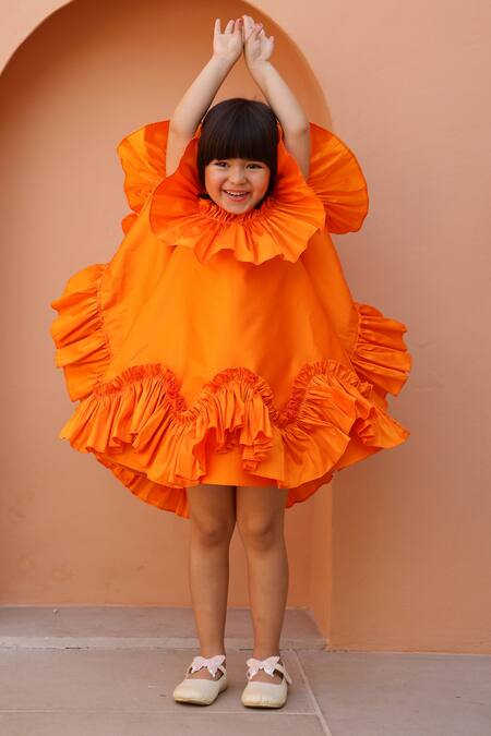 Buy_Janyas Closet_Orange Taffeta, Silk Ruffles Dress_Online_at_Aza_Fashions