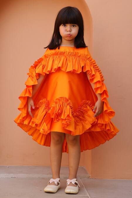 Shop_Janyas Closet_Orange Taffeta, Silk Ruffles Dress_Online_at_Aza_Fashions