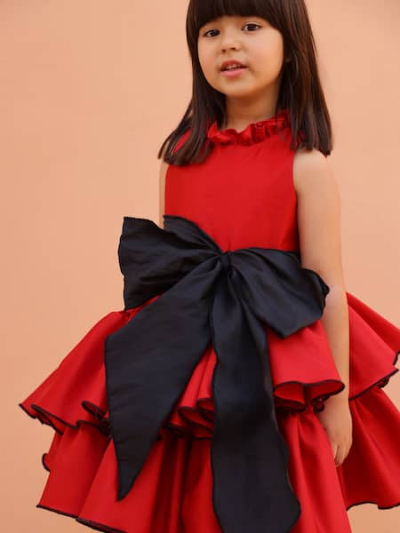 Janyas Closet_Red Satin Bows Tiered Ruffle Dress With _Online_at_Aza_Fashions