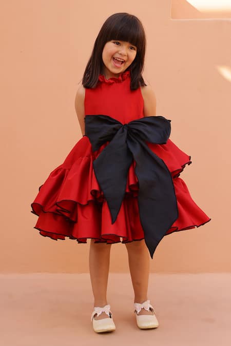 Buy_Janyas Closet_Red Satin Bows Tiered Ruffle Dress With _Online_at_Aza_Fashions