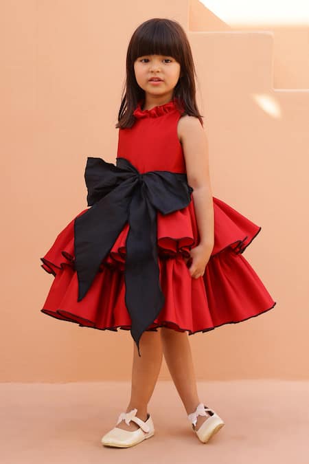 Shop_Janyas Closet_Red Satin Bows Tiered Ruffle Dress With _Online_at_Aza_Fashions