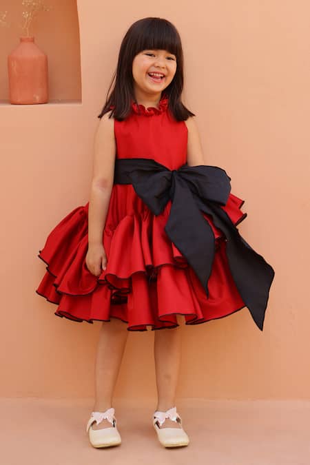 Janyas Closet_Red Satin Bows Tiered Ruffle Dress With _at_Aza_Fashions