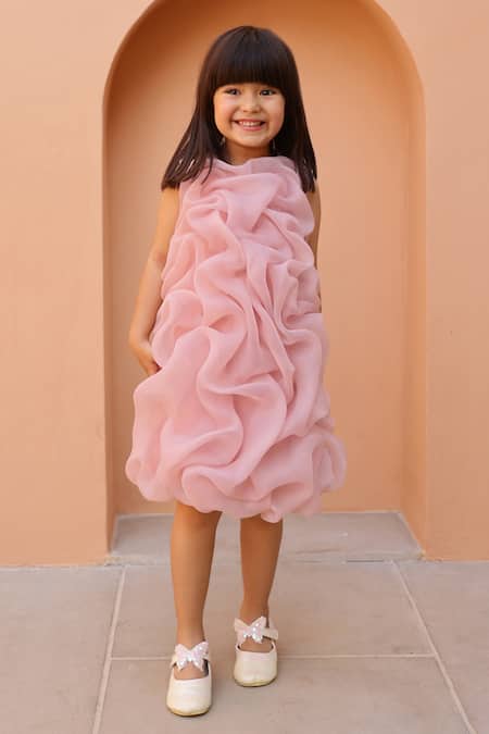 Buy_Janyas Closet_Pink Organza Mauve Celestial Tuck Ruffle Dress _Online_at_Aza_Fashions