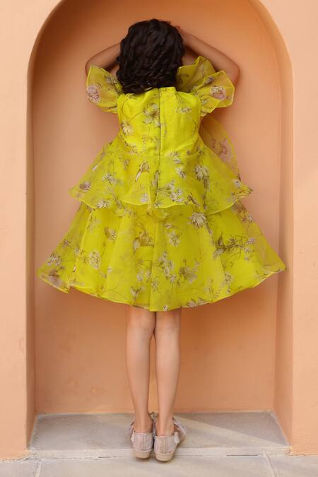 Shop Janyas Closet Green Organza Tiered Angela Bow Dress at Aza Fashions Shop_Janyas Closet_Green Organza Tiered Angela Bow Dress_at_Aza_Fashions