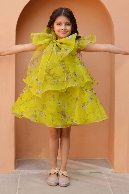 Janyas Closet Green Organza Tiered Angela Bow Dress at Aza Fashions Janyas Closet_Green Organza Tiered Angela Bow Dress_at_Aza_Fashions