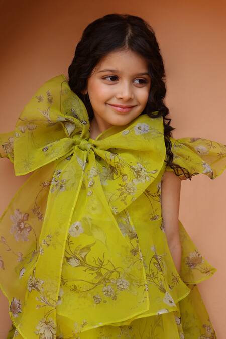 Buy Janyas Closet Green Organza Tiered Angela Bow Dress Buy_Janyas Closet_Green Organza Tiered Angela Bow Dress
