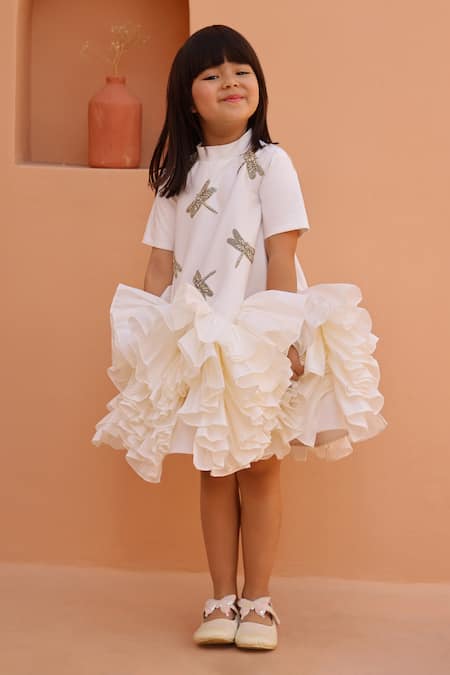 Janyas Closet_White Satin Ruffle Dress With Dragonfly Embellishments _Online_at_Aza_Fashions