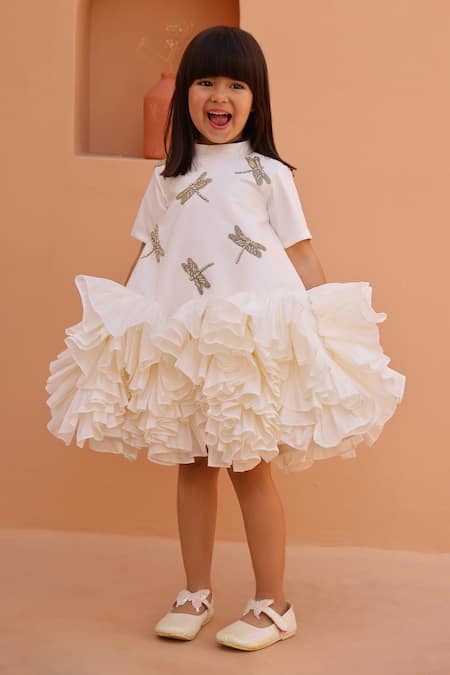 Buy_Janyas Closet_White Satin Ruffle Dress With Dragonfly Embellishments _Online_at_Aza_Fashions