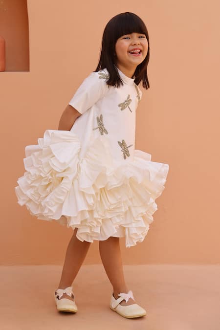 Shop_Janyas Closet_White Satin Ruffle Dress With Dragonfly Embellishments _Online_at_Aza_Fashions