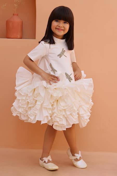 Janyas Closet_White Satin Ruffle Dress With Dragonfly Embellishments _at_Aza_Fashions