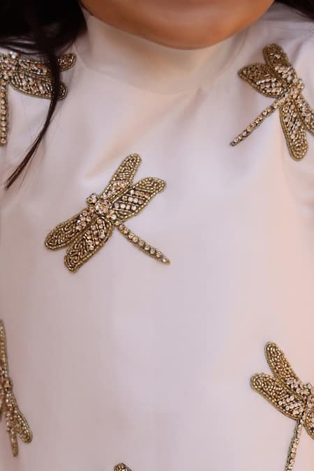 Buy_Janyas Closet_White Satin Ruffle Dress With Dragonfly Embellishments 