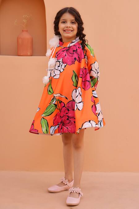 Shop_Janyas Closet_Orange Satin Fabric Flowers Floral Printed Party Dress_Online_at_Aza_Fashions