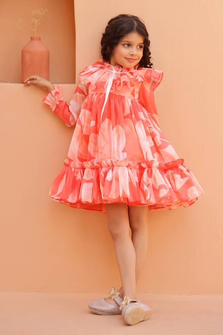 Janyas Closet_Orange Organza, Satin Ruffles Floral Print Dress_Online_at_Aza_Fashions