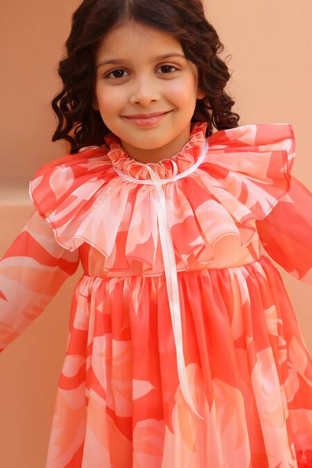 Janyas Closet_Orange Organza, Satin Ruffles Floral Print Dress_at_Aza_Fashions