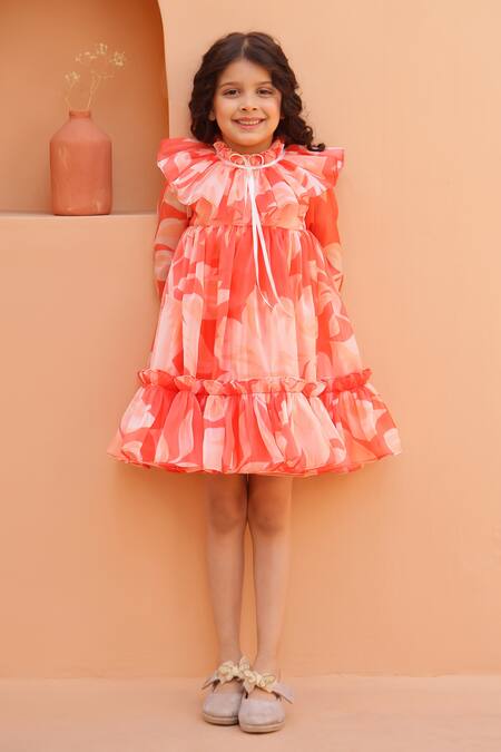 Buy_Janyas Closet_Orange Organza, Satin Ruffles Floral Print Dress