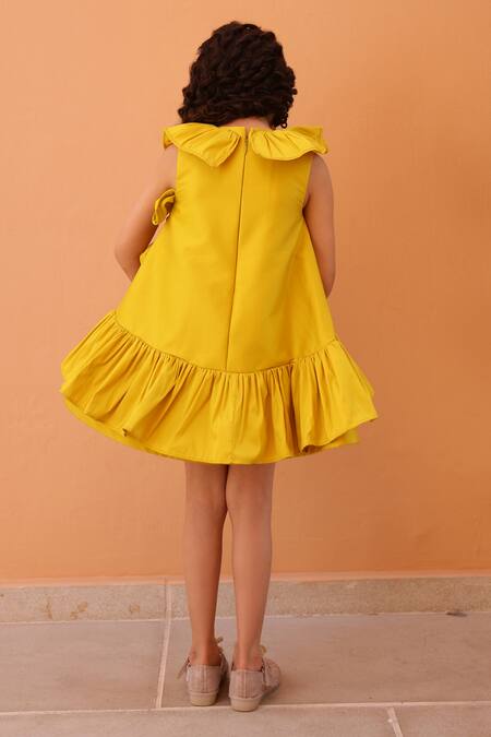 Shop Janyas Closet Yellow Taffeta, Silk Embroidery Butterfly Dreams Ruffle Dress at Aza Fashions Shop_Janyas Closet_Yellow Taffeta, Silk Embroidery Butterfly Dreams Ruffle Dress_at_Aza_Fashions