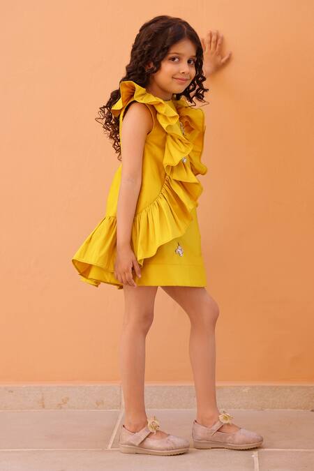 Shop Janyas Closet Yellow Taffeta, Silk Embroidery Butterfly Dreams Ruffle Dress Online at Aza Fashions Shop_Janyas Closet_Yellow Taffeta, Silk Embroidery Butterfly Dreams Ruffle Dress_Online_at_Aza_Fashions