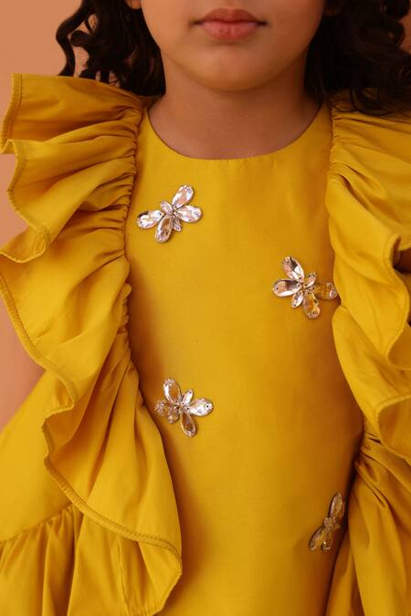 Janyas Closet Yellow Taffeta, Silk Embroidery Butterfly Dreams Ruffle Dress at Aza Fashions Janyas Closet_Yellow Taffeta, Silk Embroidery Butterfly Dreams Ruffle Dress_at_Aza_Fashions