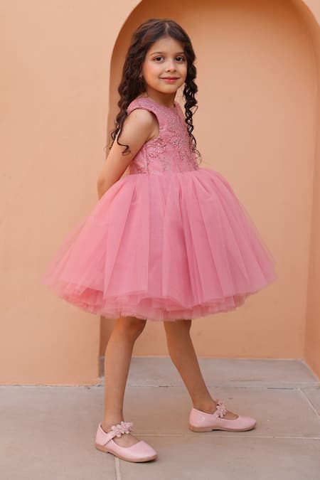 Janyas Closet_Pink Silk, Net Beads Floral Embroidered Dress _Online_at_Aza_Fashions