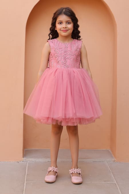 Buy_Janyas Closet_Pink Silk, Net Beads Floral Embroidered Dress _Online_at_Aza_Fashions