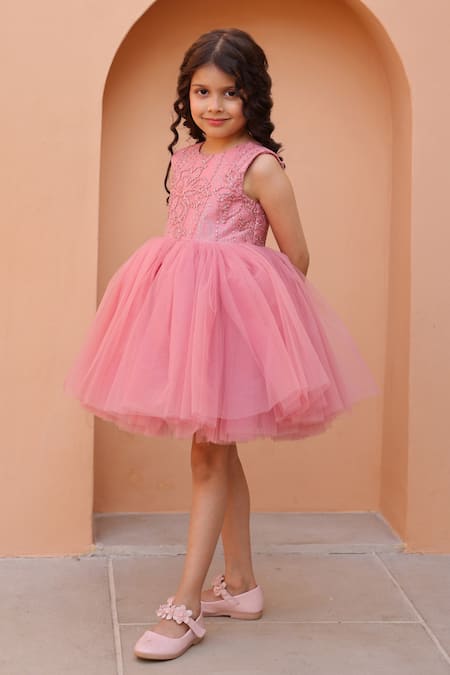 Shop_Janyas Closet_Pink Silk, Net Beads Floral Embroidered Dress _Online_at_Aza_Fashions