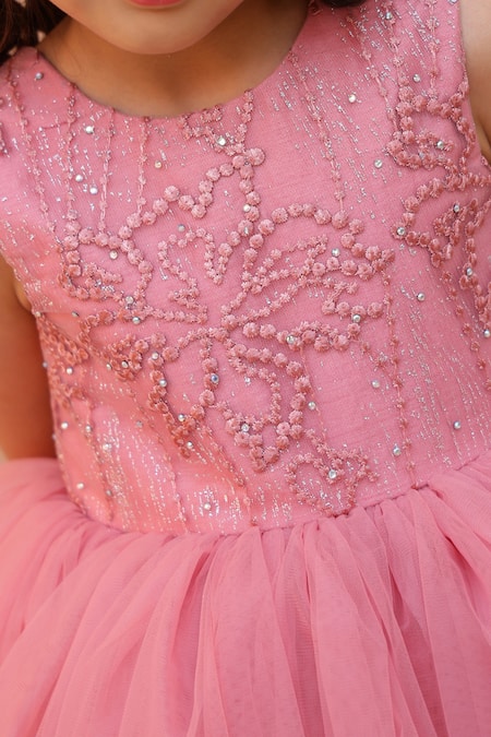 Janyas Closet_Pink Silk, Net Beads Floral Embroidered Dress _at_Aza_Fashions