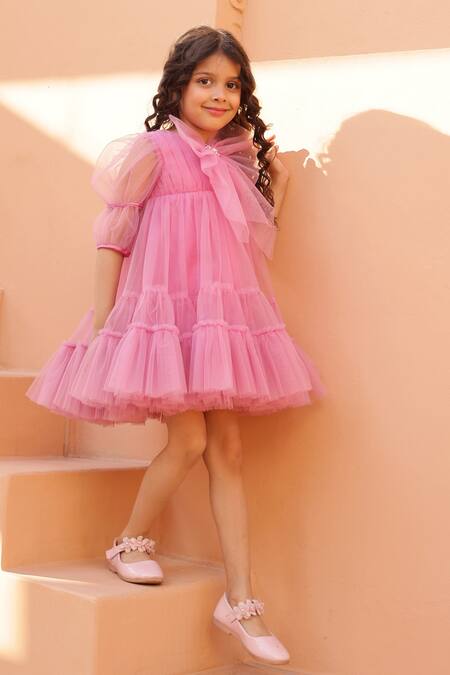 Buy_Janyas Closet_Purple Net, Silk Bows Mauve Muse And Frill Dress_Online_at_Aza_Fashions