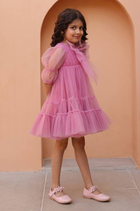 Shop_Janyas Closet_Purple Net, Silk Bows Mauve Muse And Frill Dress_Online_at_Aza_Fashions