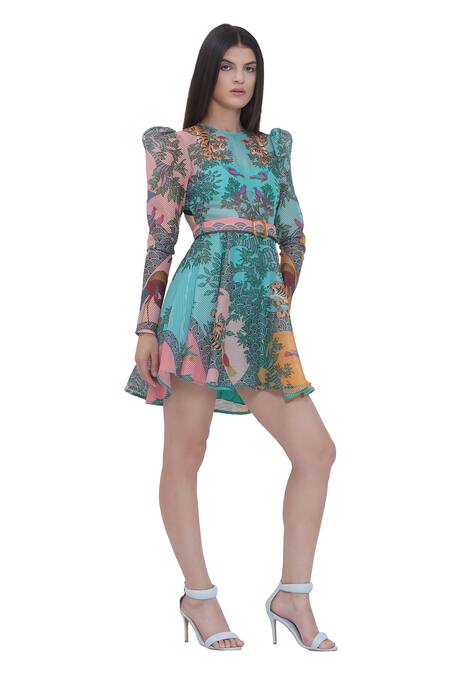 Limerick By Abirr N' Nanki_Multi Color Organza Round Neck Floral Print Puff Sleeve Dress And Belt _Online_at_Aza_Fashions