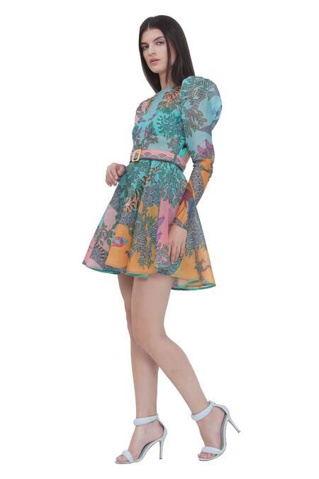 Buy_Limerick By Abirr N' Nanki_Multi Color Organza Round Neck Floral Print Puff Sleeve Dress And Belt _Online_at_Aza_Fashions