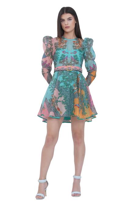 Shop_Limerick By Abirr N' Nanki_Multi Color Organza Round Neck Floral Print Puff Sleeve Dress And Belt _Online_at_Aza_Fashions